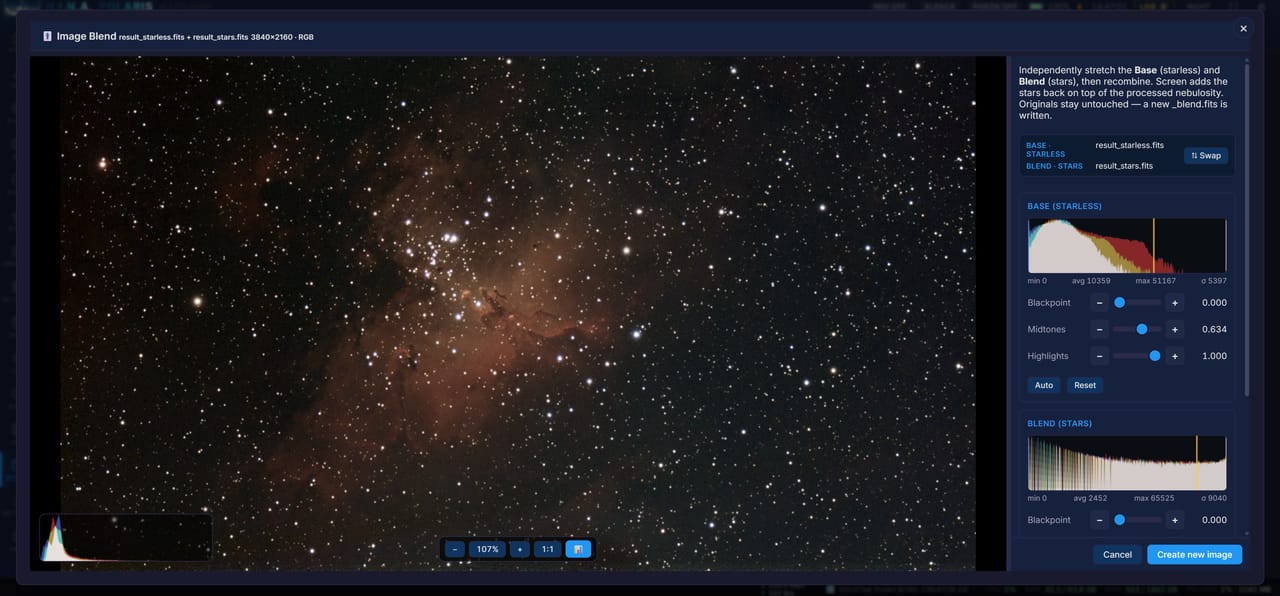 Image Blend: recombine starless and stars with an independent stretch per layer
