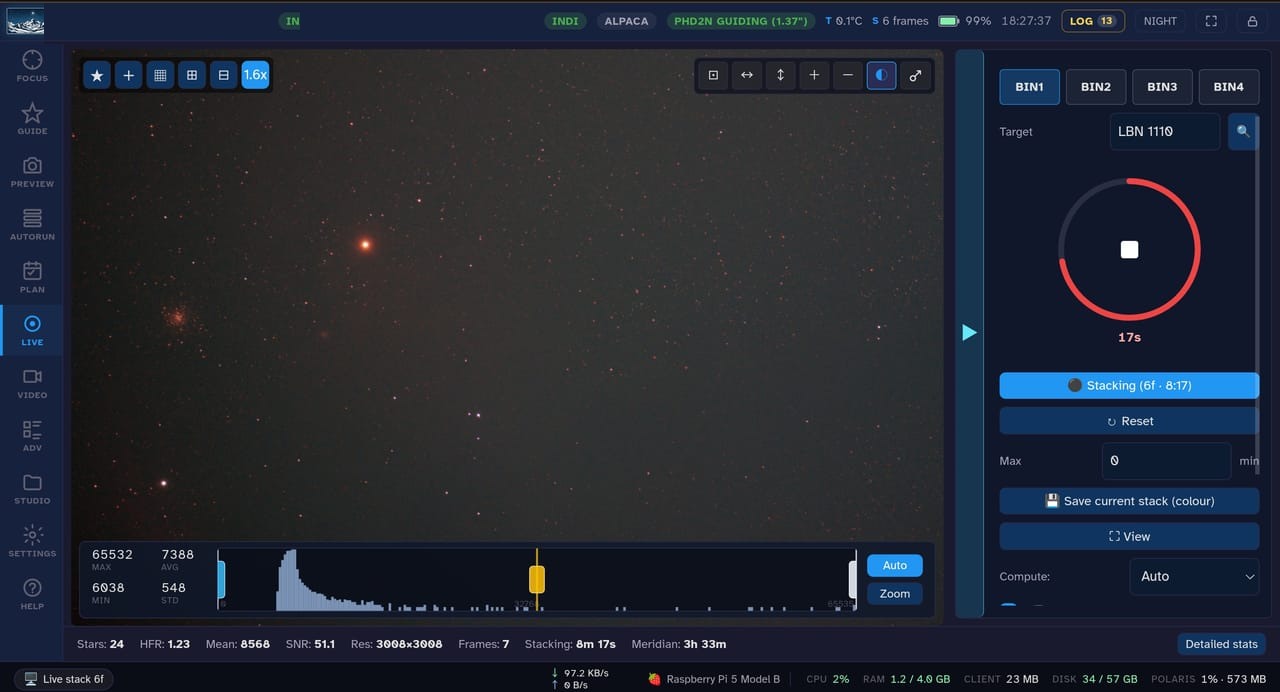Live stacking LBN 1110, building up frame by frame